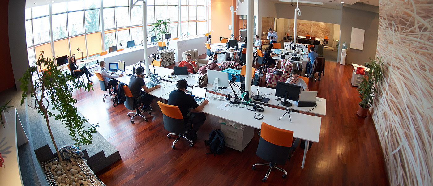 IT support office, employees working on computers