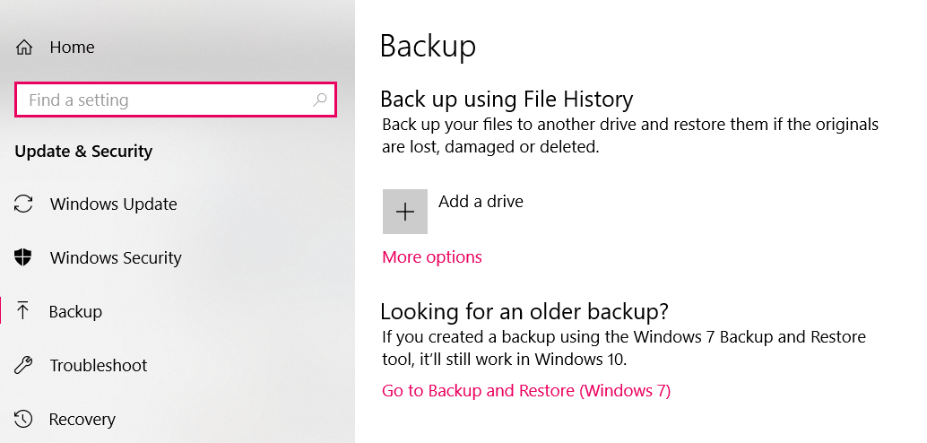 Windows 10 File History screenshot