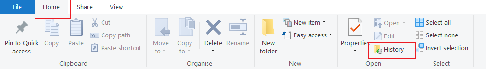 Windows 10 File History Home Tab