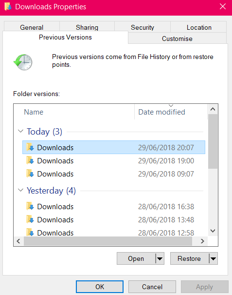 Windows 10 File History Restore